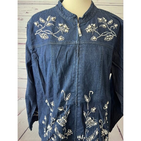 Quacker Factory Denim Trucker Jacket Plus‎ size 1X Jean coat NWT Full Zip Pearl - Picture 1 of 11